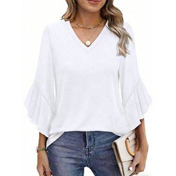 XuBa 3/4 Flare Sleeve Blouse Curved Hem Casual Top