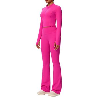 FUNJULY Women’s 2 pc Yoga Outfit Thumb Hole Cropped Jacket High Waist Flare Leggings Tracksuit