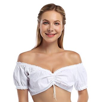 Women Off Shoulder Puff Sleeve Ruched Lace Trim Crop Top