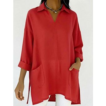 Women Collar V Neck Drop Shoulder Roll Sleeve Side Slit Long Shirt