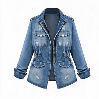 FUNJULY Women's Denim Jacket Elastic Cinch Waist Long Sleeve Casual Street Outer Coat