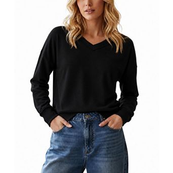 Women's V Neck Cropped Solid Long Sleeve Sweatshirt Top