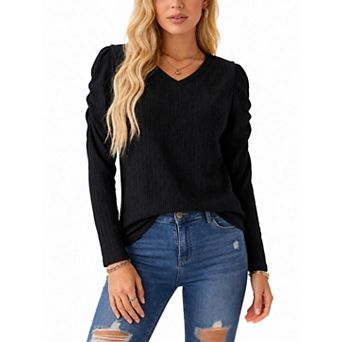 Women's V Neck Long Sleeve Textured Crinkle T-Shirt Top