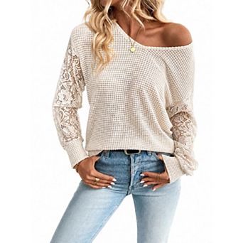 Women's V Neck Lace Hollow Out Long Sleeve T-Shirt Top