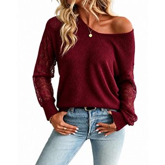 Women's V Neck Lace Hollow Out Long Sleeve T-Shirt Top