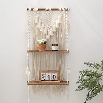 2 tier Macrame Wall Hanging Shelf Boho Decor Floating Storage for Plants Books