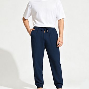 Men's Linen Blend Casual Pants, Elastic Waist Drawstring Lightweight Loose Fit Long Trousers