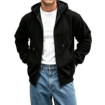 Men Hooded Long Sleeve Zip Up Hoodie Waffle Knit Drawstring Relaxed Fit Sweatshirt Outerwear