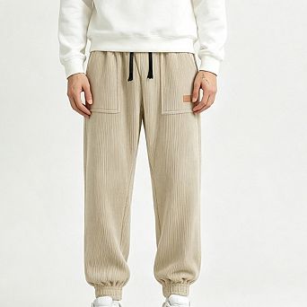 Men Corduroy Drawstring Elastic Cuff Jogger Pants Patch Pocket Loose Casual Trousers