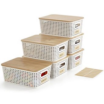 Stackable Plastic Storage Bins With Lids Handles Labels For Organizing Home Office