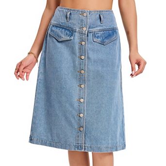 Women's Casual Denim Skirt Button Down Belted Below Knee Length Jean Skirts