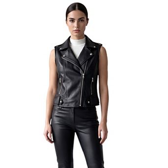 Women's Faux Leather Jackets Sleeveless Biker Lapel Zip Up with Pockets Outerwear Motorcycle Vest
