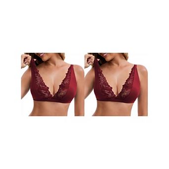 2 Packs Women's Lace Trim Wirefree Lingerie Push Up Adjustable Spaghetti Straps Deep V Soft Bras