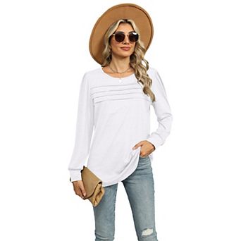 Women's Trendy Pleated Tunic Tops Casual Long Sleeve Shirts Blouses