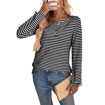 Women's Fall Striped Henley Long Sleeve Knit Tops V Neck Casual Going Out Shirts