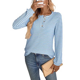 Women's Fall Striped Henley Long Sleeve Knit Tops V Neck Casual Going Out Shirts