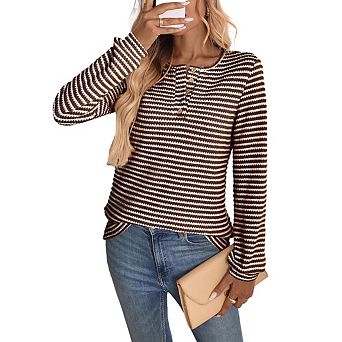 Women's Fall Striped Henley Long Sleeve Knit Tops V Neck Casual Going Out Shirts