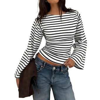 Women's Boat Neck Flare Long Sleeve Ribbed Ruched Slim Fit Fall Tops
