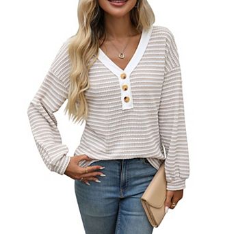 Women's Fall Going Out Striped Henley Shirts V Neck Long Sleeve Knit Tops