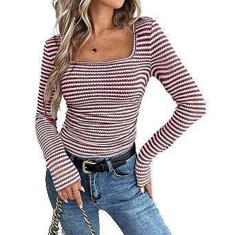 Women's Square Neck Slim Knit Long Sleeve Tops Casual Pullover Shirts