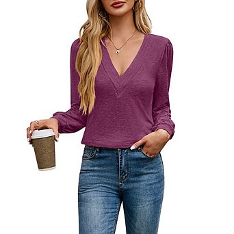 Womens V Neck Long Sleeve Shirts Dressy Casual Trendy Loose Tops Blouse