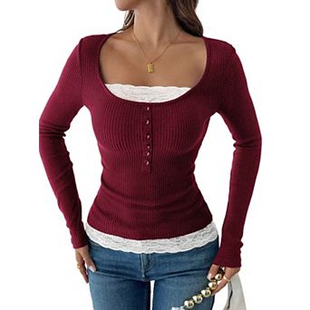 Women's Scoop Neck Lace Trim Ribbed Long Sleeve Stretchy Fitted Tops