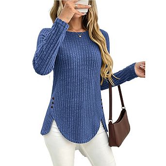 Women's Ribbed Crewneck Curved Long Sleeve Tops Solid Color Button Shirts