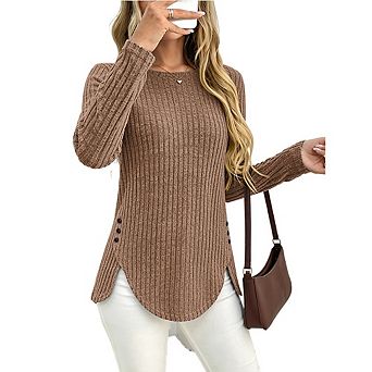Women's Ribbed Crewneck Curved Long Sleeve Tops Solid Color Button Shirts