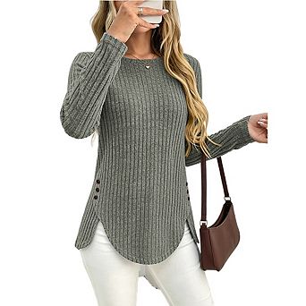 Women's Ribbed Crewneck Curved Long Sleeve Tops Solid Color Button Shirts