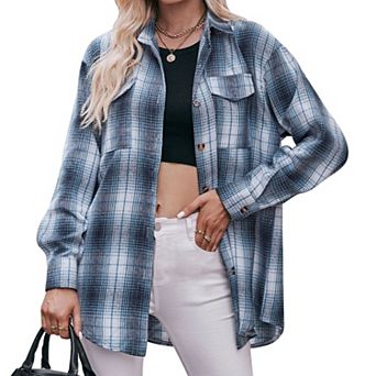 Womens Oversized Flannel Plaid Shirts Casual Button Down Blouse Tops