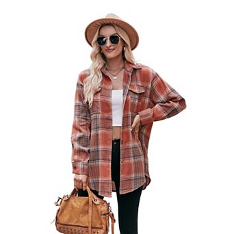 Womens Oversized Flannel Plaid Shirts Casual Button Down Blouse Tops