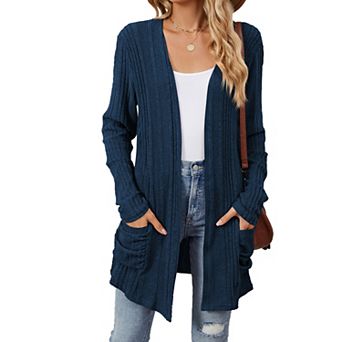 Women's Lightweight Open Front Button Cardigan Fall Sweater with Pockets