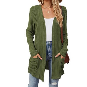 Women's Lightweight Open Front Button Cardigan Fall Sweater with Pockets