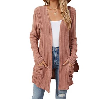 Women's Lightweight Open Front Button Cardigan Fall Sweater with Pockets