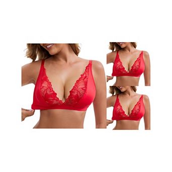 3 Packs Women's Lace Trim Wirefree Lingerie Push Up Adjustable Spaghetti Straps Deep V Soft Bras