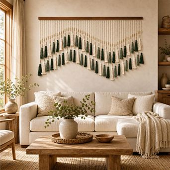 Handwoven Mountain Tapestry Wall Hanging Wood Beads Tassel Farmhouse Decor