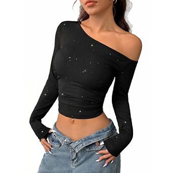 Women's One Shoulder Long Sleeve Crop Top Fitted Ribbed Shimmer Knit Shirt