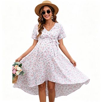 Women's Wrap V Neck Short Sleeve Tie Waist High Low Hem Maternity Midi Dress