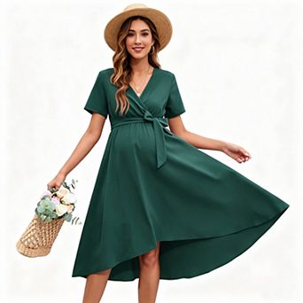 Women's Wrap V Neck Short Sleeve Tie Waist High Low Hem Maternity Midi Dress