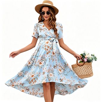 Women's Wrap V Neck Short Sleeve Tie Waist High Low Hem Maternity Midi Dress