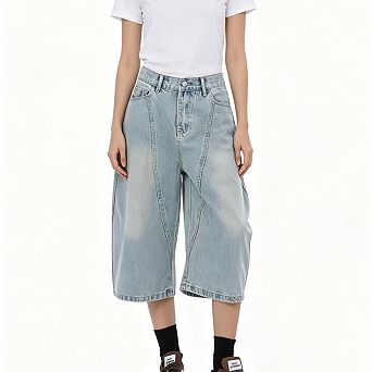 Women High Waist Panel Seam Wide Leg Denim Culottes Light Wash Loose Fit Knee Length Casual Shorts