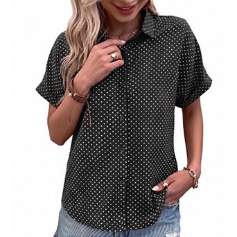 Women Polka Dot Button Down Shirt Lapel Cuffed Short Sleeve Loose Casual Blouse Top