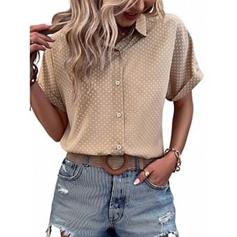 Women Polka Dot Button Down Shirt Lapel Cuffed Short Sleeve Loose Casual Blouse Top