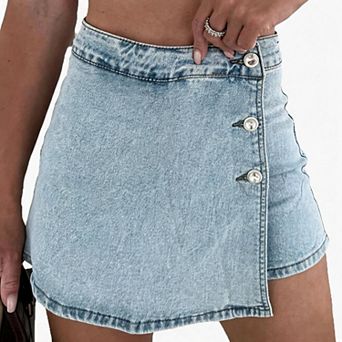 Women Wrap Denim Skort Front Slit Button Detail Light Wash High Waist Jean Skort