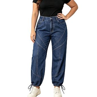 Women Plus Size High Rise Button Front Jeans Ankle Drawstring Relaxed Fit Casual Denim Pants