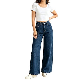 Women High Rise Wide Leg Ankle Length Denim Jeans Relaxed Fit Casual Pants