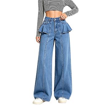 Women High Rise Wide Leg Denim Jeans Ruffle Layer Full Length Relaxed Fit Denim Trousers Pants