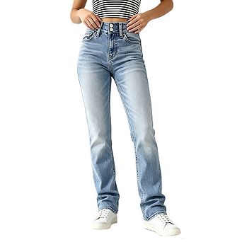 Women High Rise Denim Jeans Double Button Full Length Pocket Slim Casual Pants