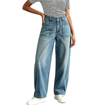 Women High Rise Button Wide Leg Denim Jeans Front Pocket Relaxed Fit Casual Pants