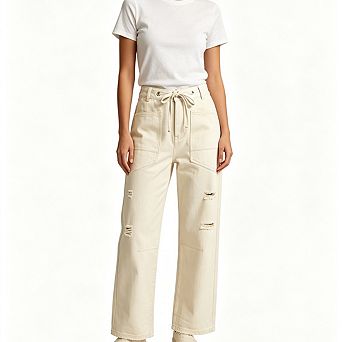 Women High Waist Straight Leg Denim Pants Drawstring Waist Pocket Casual Denim Bottoms